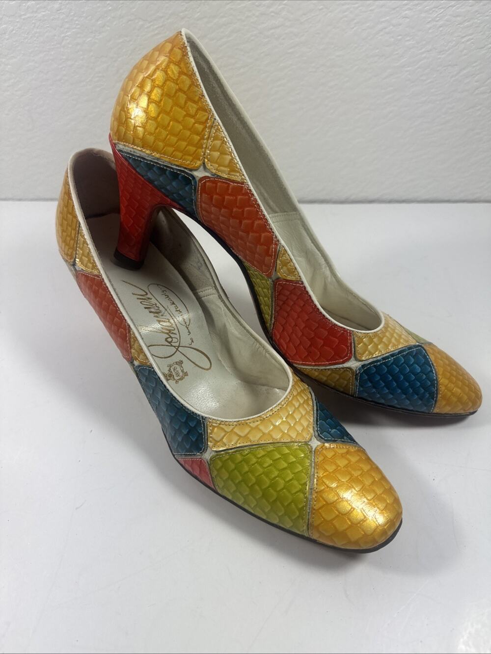 Vtg Johansen Multicolored Patchwork Heels Pumps Size 7
